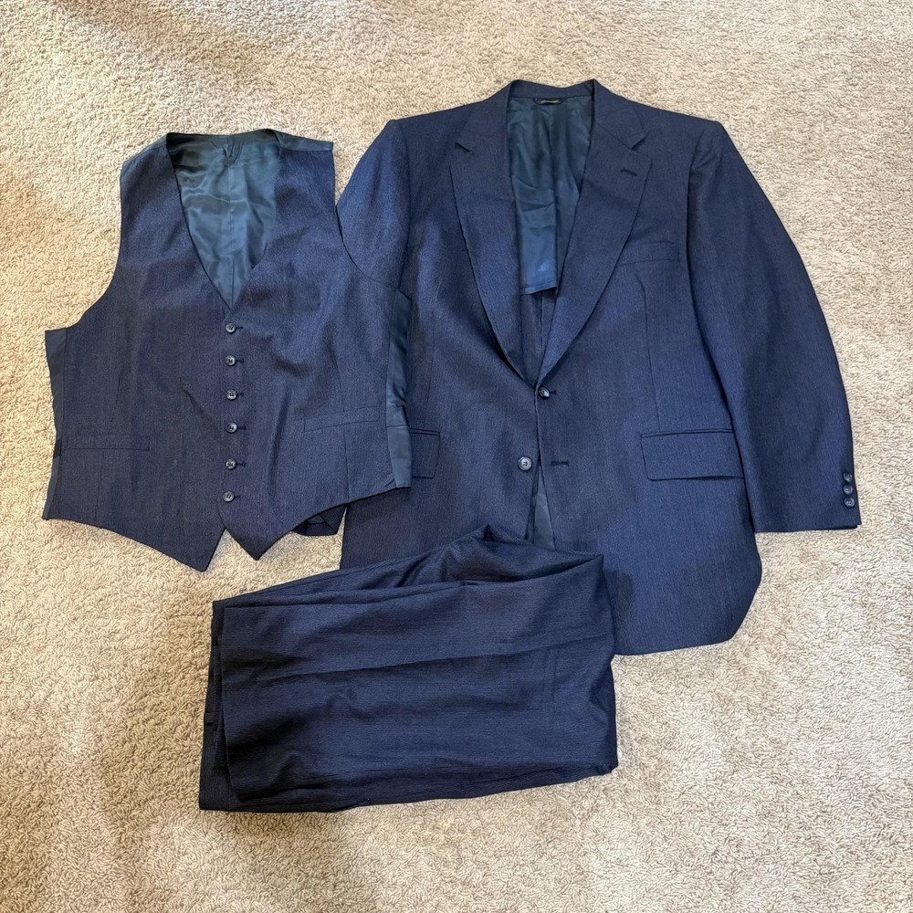 Vintage Botany 500 Suit Mens 46 40x30 Blue Pinstripe 3 Piece Vest Wool Classic